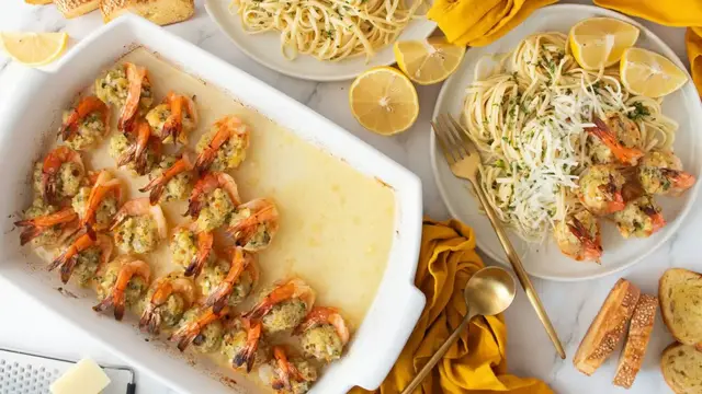 Video thumbnail for Our Stuffed Shrimp Scampi Is Baked To Perfection