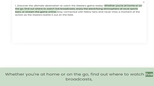 Video thumbnail for the go, find out where to watch live broadcasts, enjoy the electrifying atmosphere at local sports bars, or stream the game online. Stay connected with fellow fans and never miss a moment of the action as the Steelers