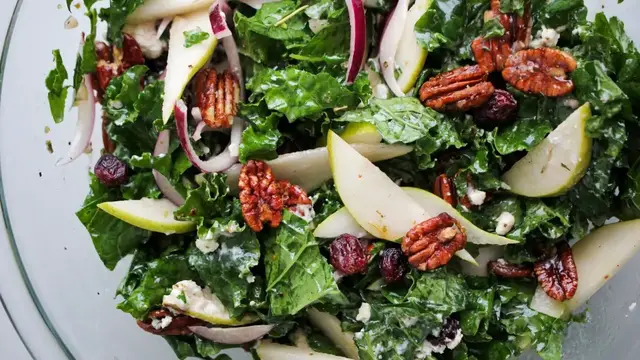 'Video thumbnail for Kale Salad With Pears And Maple Pecans Recipe'