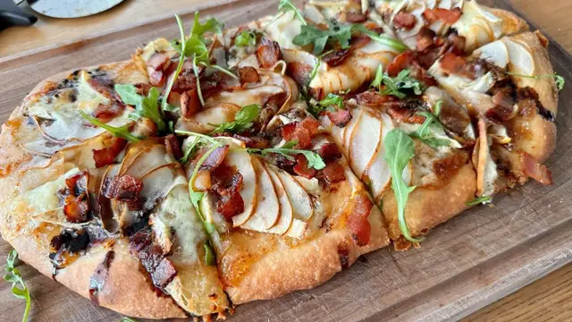 'Video thumbnail for Bacony Pear And Brie Winter Flatbread Recipe'