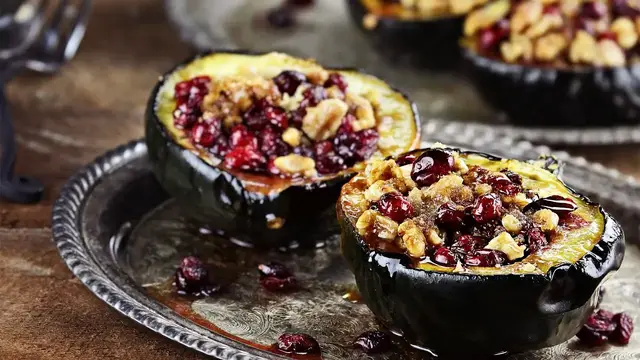 Video thumbnail for Roasted Acorn Squash with Cranberries and Pecans: video blog