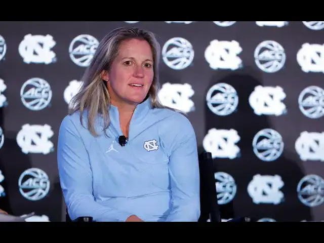 'Video thumbnail for #UNC's Courtney Banghart, Lexi Donarski, Alyssa Ustby and Maria Gakdeng at #ACCTipoff in Charlotte'