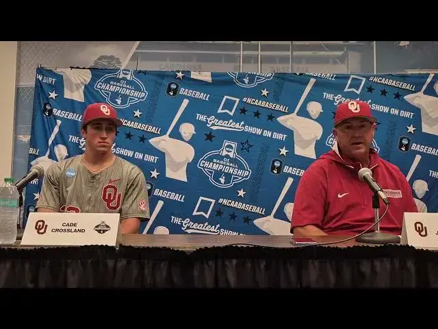'Video thumbnail for Oklahoma pitcher Cade Crossland and Coach Skip Johnson after Sunday win over Nebraska. #UNC'