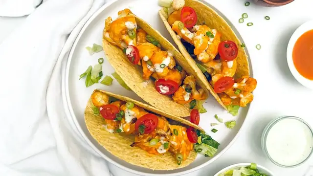 'Video thumbnail for Air Fryer Buffalo Cauliflower Tacos Recipe'