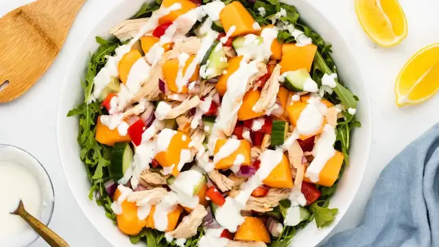 Video thumbnail for Chicken And Melon Salad With Creamy Feta Dressing Recipe