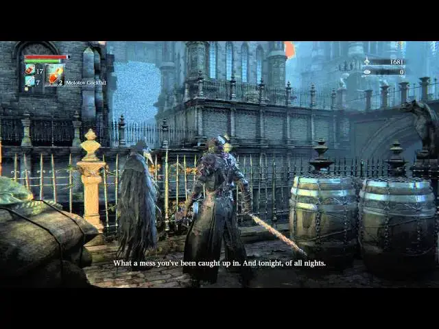 Video thumbnail for Bloodborne - Central Yharnam:  Eileen The Crow "The Raven Hunter" Chat "Shake Off Cape" Gesture