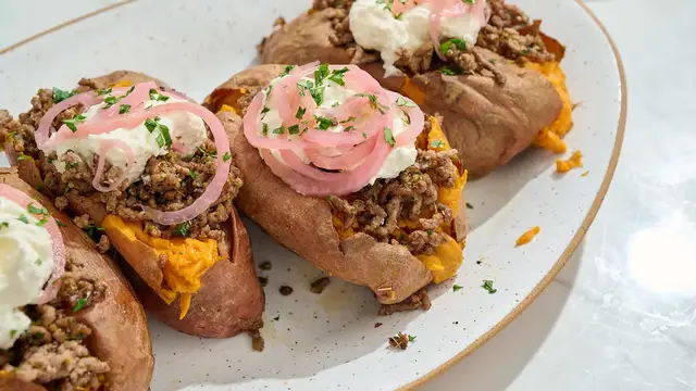 Video thumbnail for Loaded Beef Sweet Potato With Whipped Feta Recipe