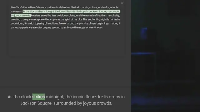 Video thumbnail for moments. As the clock strikes midnight, the iconic fleur-de-lis drops in Jackson Square, surrounded by joyous crowds. Revelers enjoy live jazz, delicious cuisine, and the warmth of Southern hospitality, creating a unique atmosphere that c