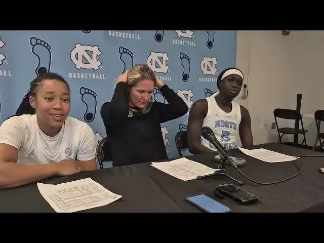 'Video thumbnail for Guard Grace Townsend, Coach Courtney Banghart & center Maria Gakdeng after #UNC rolls by Coppin St.'