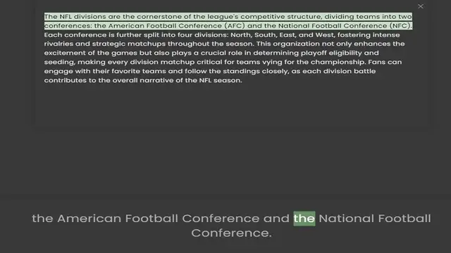 Video thumbnail for conferences the American Football Conference (AFC) and the National Football Conference (NFC). Each conference is further split into four divisions North, South, East, and West, fostering intense rivalries and strategic matchups throughou