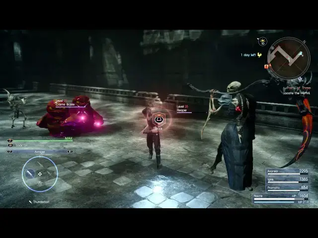 Video thumbnail for Final Fantasy XV - Party of Three Steyliff Grove Dungeon: Reaper, Skeletons & Creme Brulee Combat