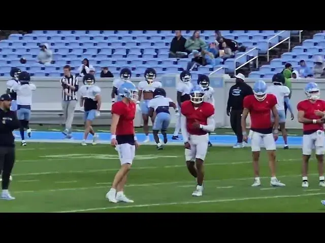 'Video thumbnail for #UNC football players go through drills during the "Practice Like a Pro" event at Kenan Stadium.'