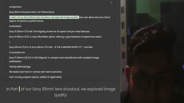Video thumbnail for comparison Sony 85mm Shootout Part 2 AF Performance In Part 1 of our Sony 85mm lens shootout, we explored image quality. Now, let's delve into the critical aspect of autofocus performance. Contenders Sony FE 85mm f1.4 GM The flagship, kno