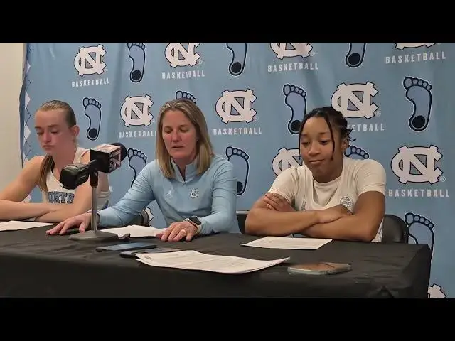 'Video thumbnail for UNC's guards Lexi Donarski and Grace Townsend and Coach Courtney Banghart after win over Wake'