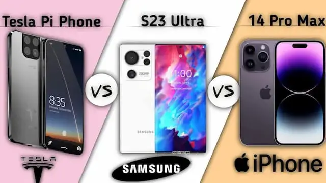 Video thumbnail for Tesla Phone pi vs Galaxy S23 Ultra vs 14 Pro Max comparison Video
