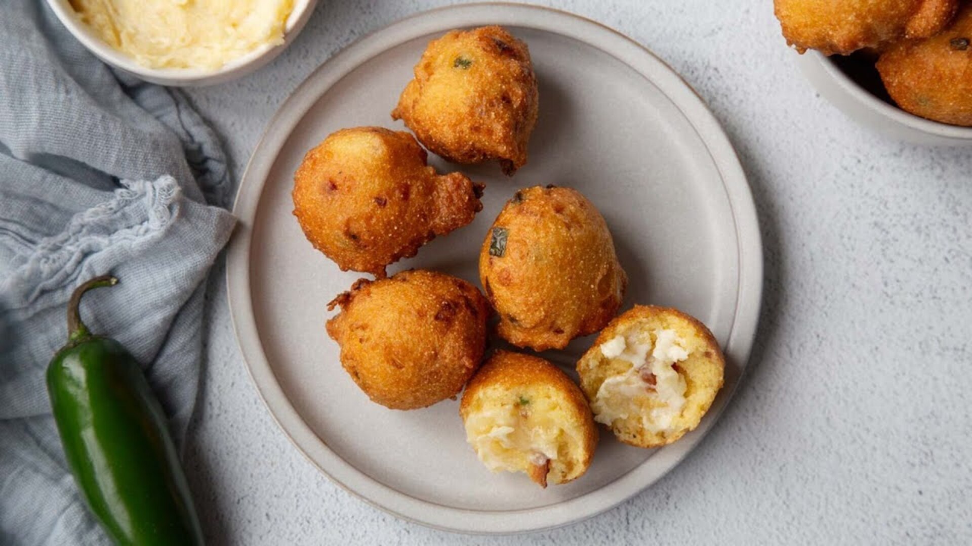 Video thumbnail for Bacon Jalapeño Hush Puppies With Honey Butter Recipe