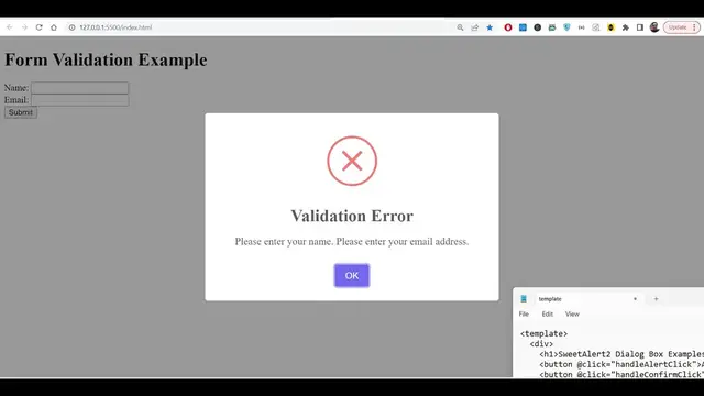 Video thumbnail for Javascript SweetAlert2 Example to Validate HTML5 Form Input Fields With Custom Icons & Messages