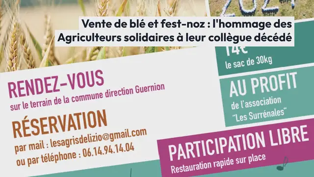 'Video thumbnail for Lizio. Vente de blé et fest-noz : l’hommage des Agriculteurs solidaires à leur collègue décédé'
