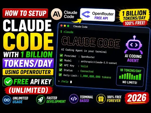 Video thumbnail for How to Setup Claude Code With 1 Billion Tokens/DAY Using OpenRouter FREE API Key (UNLIMITED) in 2026