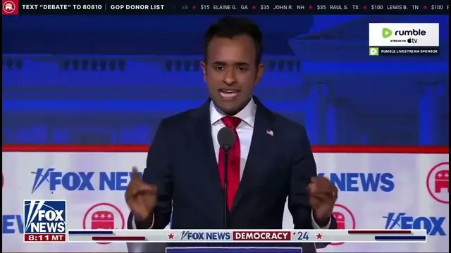 Video thumbnail for Vivek Ramaswamy raises hand to oppose Ukraine funding at the GOP debate