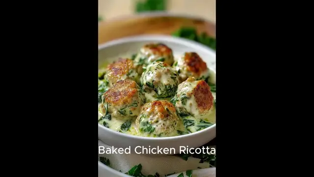 'Video thumbnail for Baked Chicken Ricotta Meatballs with Spinach Alfredo'