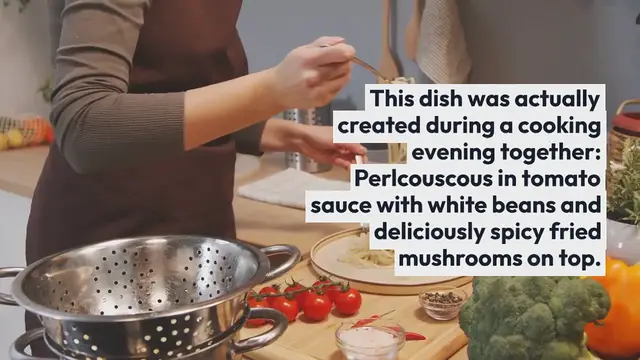 'Video thumbnail for Pearl couscous in tomato sauce with fried mushrooms'