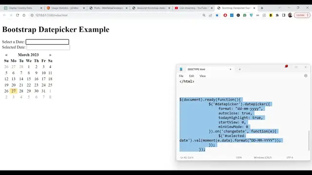Video thumbnail for Javascript bootstrap-datepicker Example to Display the Selected Date Using Input Field in Moment.js