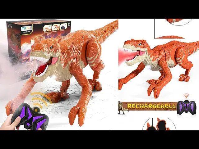 'Video thumbnail for Remote Control Dinosaur Toy for Kids, Realistic Walking RC Figure, Fire Breathing, Lights & Sounds'