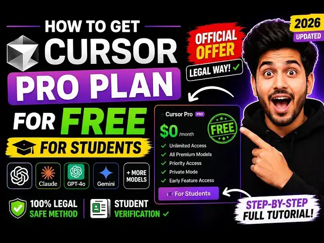 Video thumbnail for How to Get Cursor Pro Plan For FREE For Students Official Offer Legal Way in 2026
