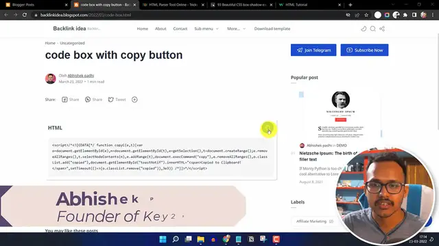 'Video thumbnail for Copy to Clipboard Button using HTML, CSS & JavaScript _ Code Box _ Blogger Tutorial'