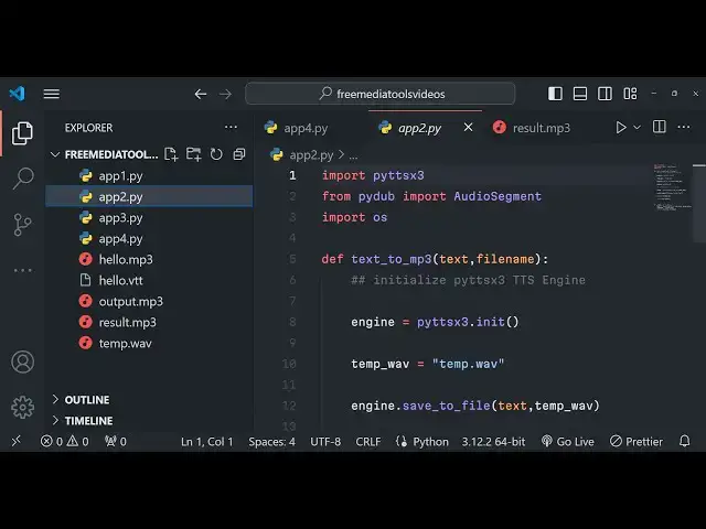 Video thumbnail for Python 3 FFMPEG Script to Export Text to Speech as MP3 & WAV Audio Using pyttsx3 & pydub Library