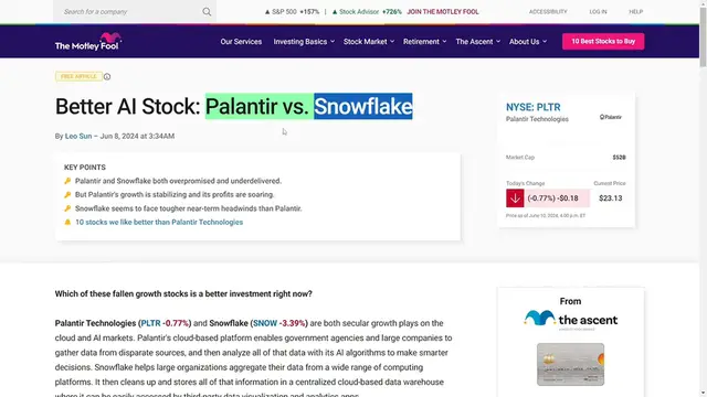 Video thumbnail for Palantir vs. Snowflake_ Which AI Stock Will Explode in 2024_