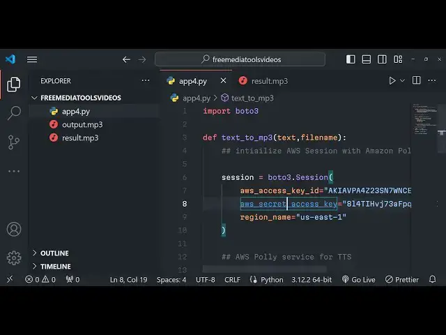 Video thumbnail for Python 3 Amazon AWS Polly TTS Engine to Convert Text to MP3 Audio File in Different AI Voices