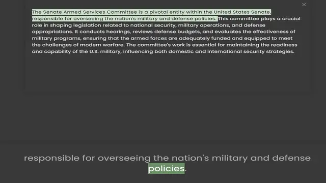 Video thumbnail for responsible for overseeing the nation's military and defense policies. This committee plays a crucial role in shaping legislation related to national security, military operations, and defense appropriations. It conducts hearings, reviews