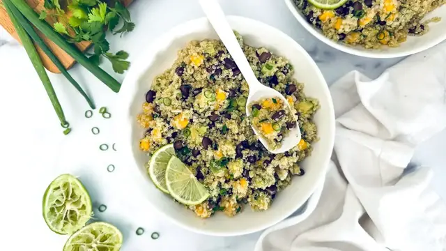'Video thumbnail for Bright Black Bean Avocado Salad With Mango And Quinoa Recipe'