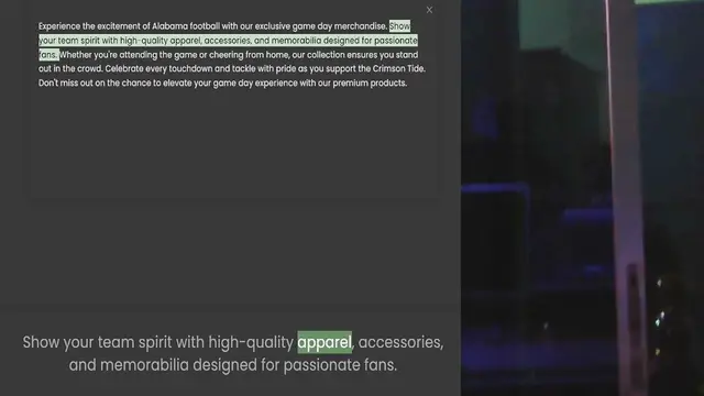 Video thumbnail for Experience the excitement of Alabama football with our exclusive game day merchandise. Show your team spirit with high-quality apparel, accessories, and memorabilia designed for passionate fans. Whether you're attending the game or cheeri