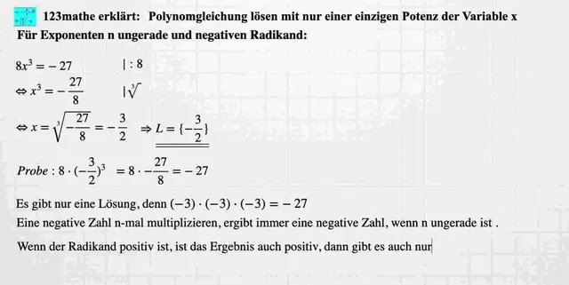 Video thumbnail for Polynomgleichung lösen, 1 Potenz von x, Exponent ungerade, Radikant negativ