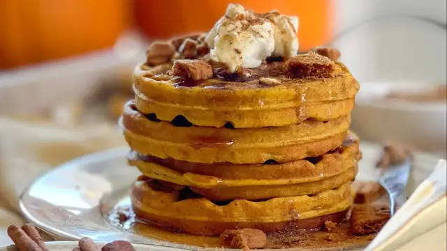 'Video thumbnail for Pumpkin Pie Waffles With Cinnamon Butter Recipe'
