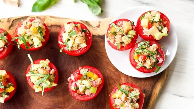 'Video thumbnail for Bite-Sized Panzanella Stuffed Tomatoes Recipe'