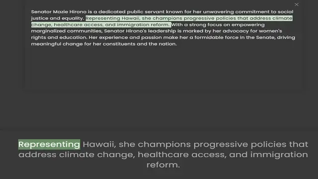 Video thumbnail for justice and equality. Representing Hawaii, she champions progressive policies that address climate change, healthcare access, and immigration reform. With a strong focus on empowering marginalized communities, Senator Hirono's leadership