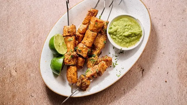 'Video thumbnail for Chile-Rubbed Salmon Skewers With Salsa Verde Recipe'