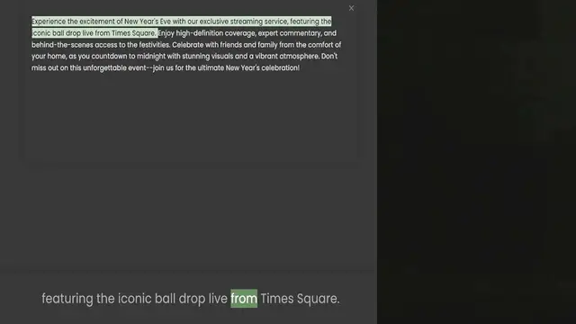 Video thumbnail for Experience the excitement of New Year's Eve with our exclusive streaming service, featuring the iconic ball drop live from Times Square. Enjoy high-definition coverage, expert commentary, and behind-the-scenes access to the festivities. C