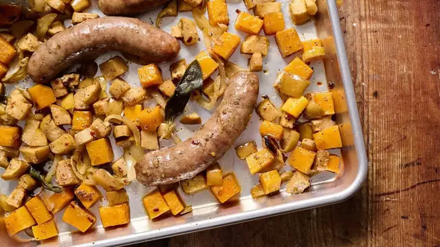 'Video thumbnail for Mustardy Sheet Pan Sausage And Apples Recipe'