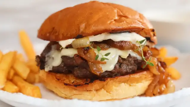 'Video thumbnail for Decadent French Onion Burger Recipe'