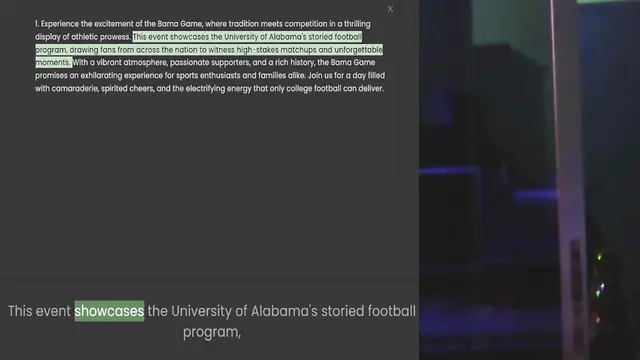 Video thumbnail for 1. Experience the excitement of the Bama Game, where tradition meets competition in a thrilling display of athletic prowess. This event showcases the University of Alabama's storied football program, drawing fans from across the nation to