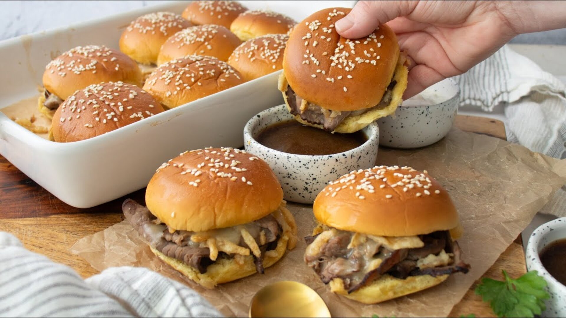 Video thumbnail for Messy But Delicious French Dip Sliders Recipe