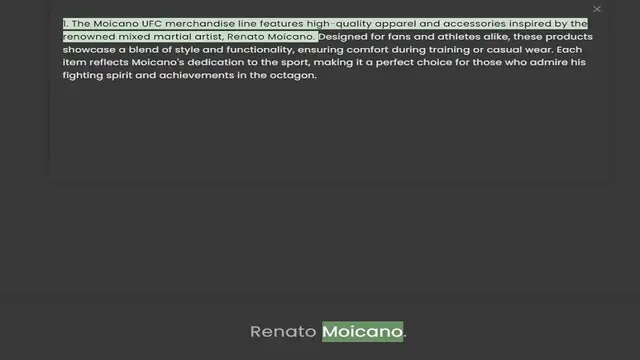 Video thumbnail for 1. The Moicano UFC merchandise line features high-quality apparel and accessories inspired by the renowned mixed martial artist, Renato Moicano. Designed for fans and athletes alike, these products showcase a blend of style and functional