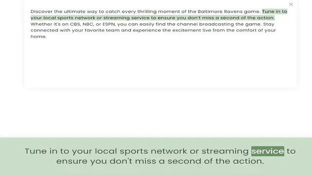 Video thumbnail for your local sports network or streaming service to ensure you don’t miss a second of the action. Whether it's on CBS, NBC, or ESPN, you can easily find the channel broadcasting the game. Stay connected with your favorite team and experienc