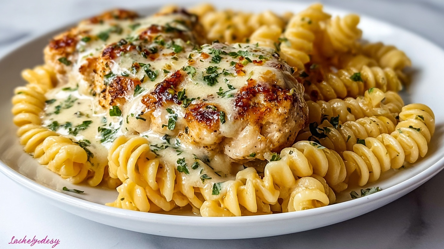 Video thumbnail for Creamy Garlic Parmesan Chicken with Cheesy Twisted Pasta