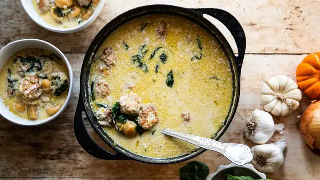 'Video thumbnail for Creamy Pumpkin Gnocchi Soup With Chicken Meatballs Recipe'